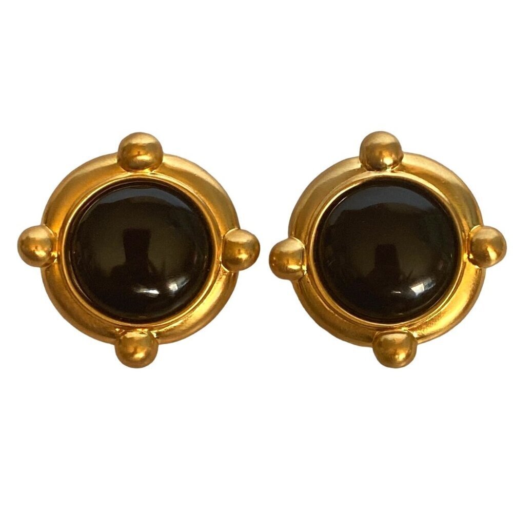Anne Klein Couture Vintage Black Cabochon Gold Tone Statement Clip On Earrings